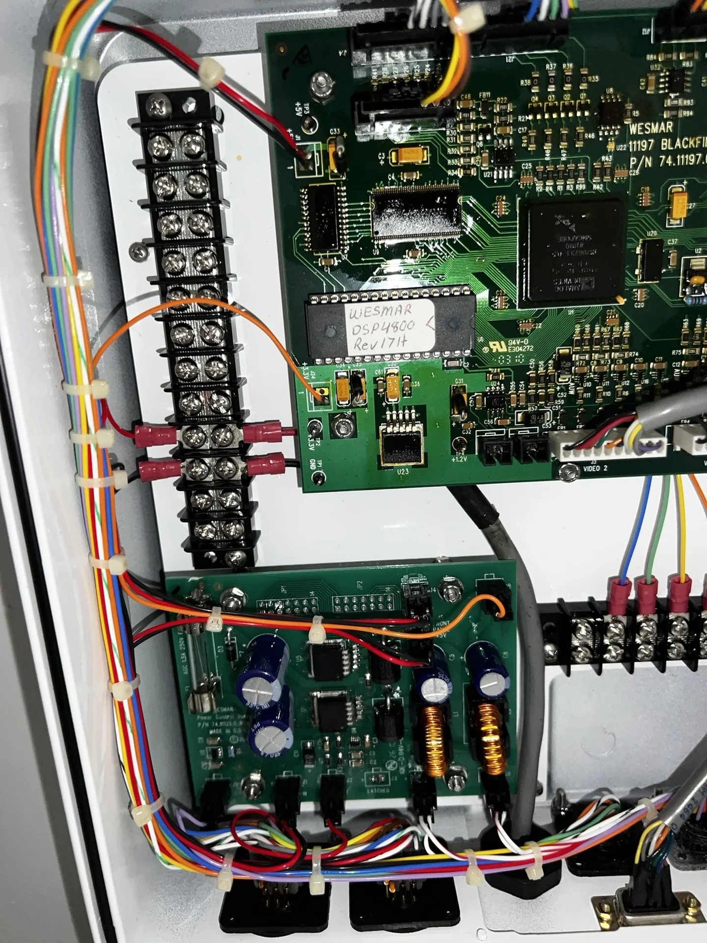 Wesmar marine electronic control board with terminal strip and connected wiring