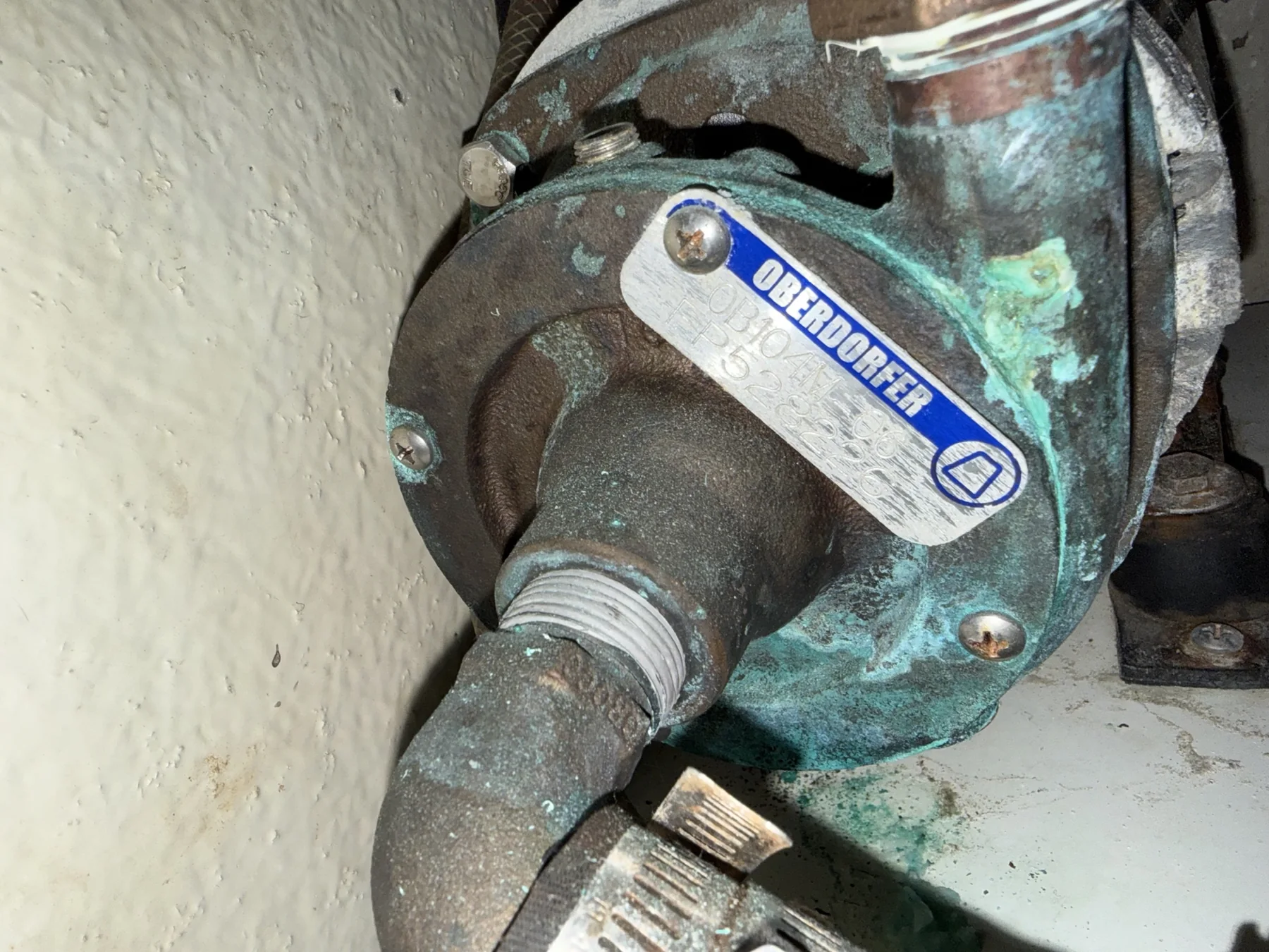 Installed Oberdorfer bronze seawater pump with visible green corrosion
