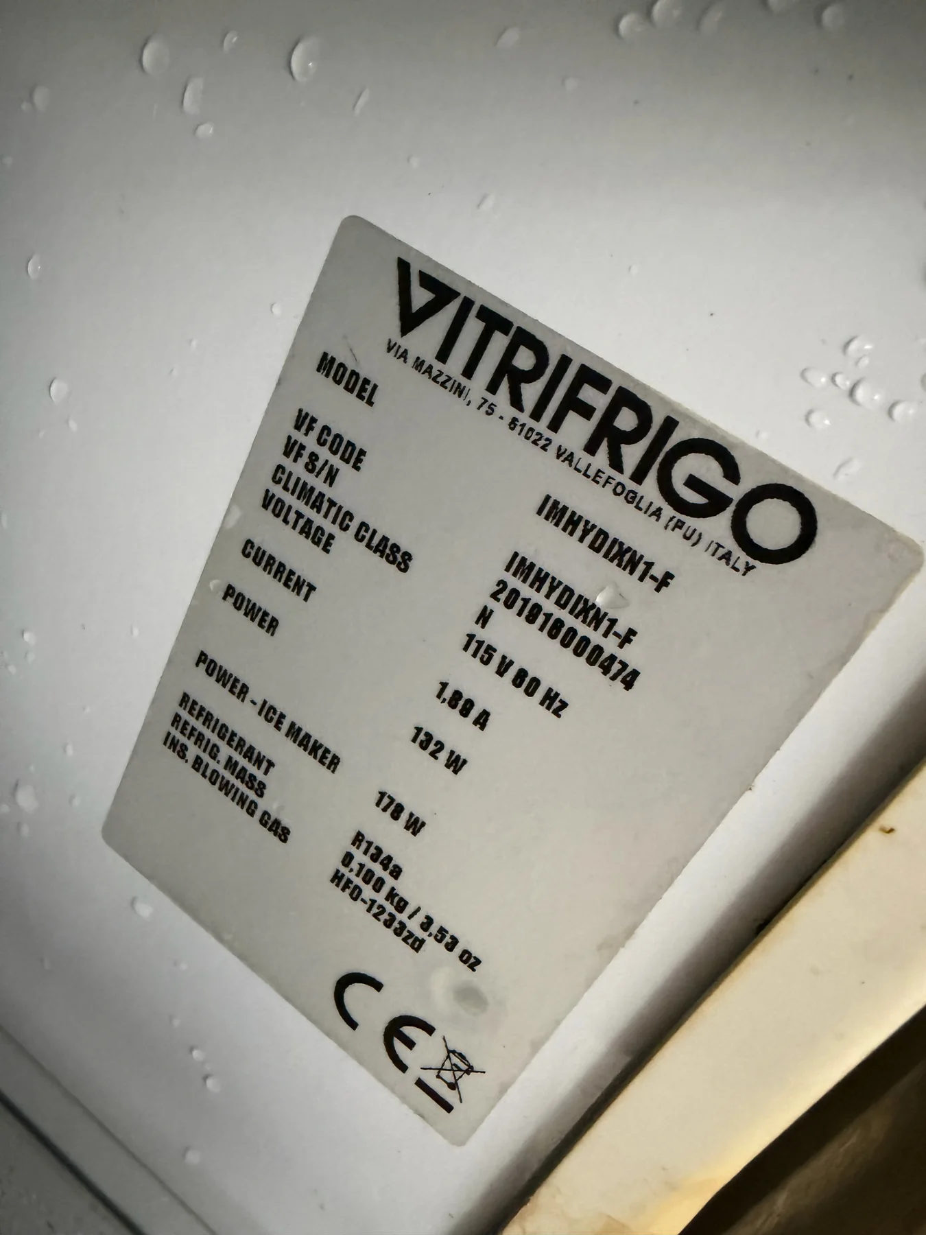 Vitrifrigo marine refrigeration data plate documented for equipment identification