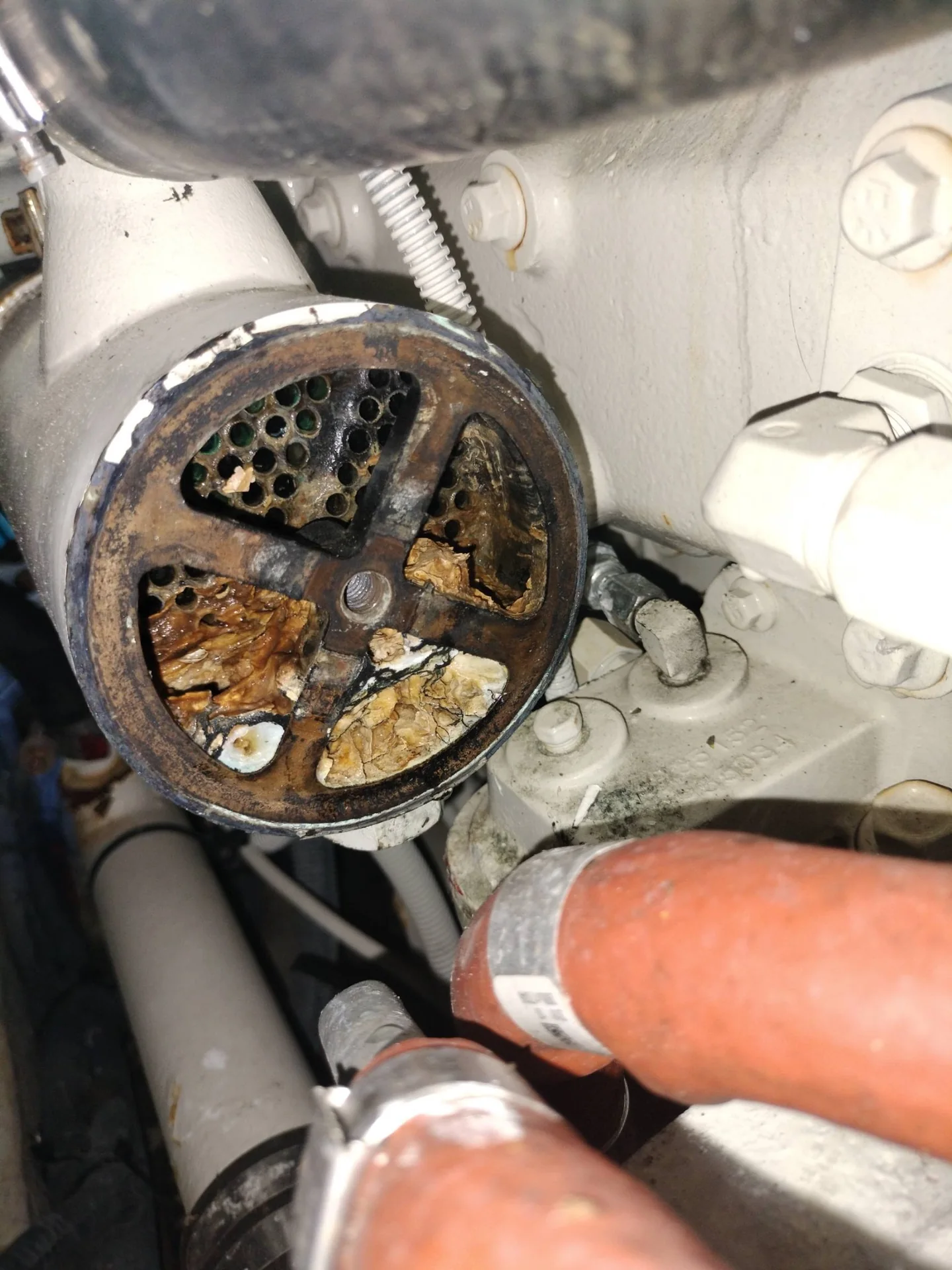 Open marine heat exchanger with heavy biological growth and debris