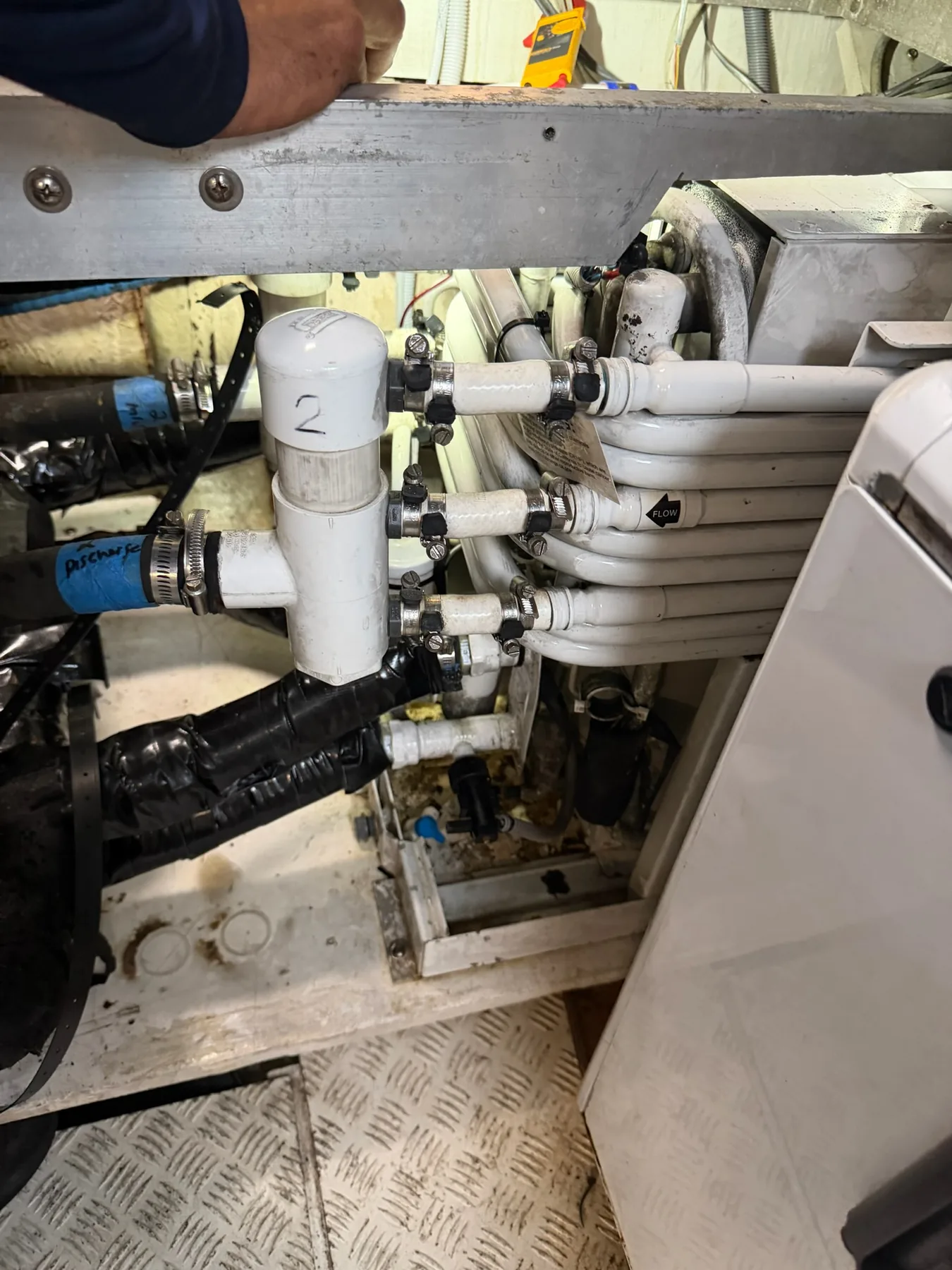Coiled onboard circulation lines connected to a manifold with a directional flow marker