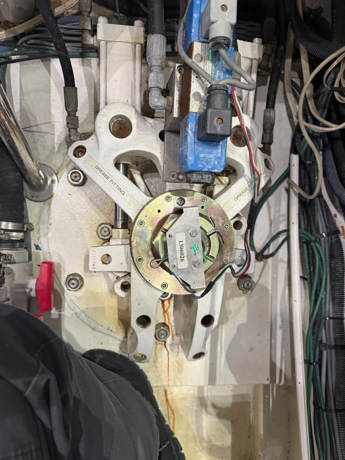 Marine stabilizer actuator assembly with hydraulic components and visible fluid during inspection