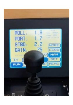 Stabilizer roll control display with port, starboard, gain, run, and manual controls